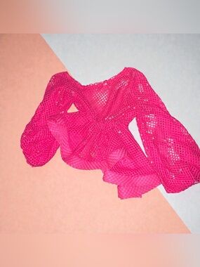 Pink Crochet Mesh Blouse with Puff Sleeves